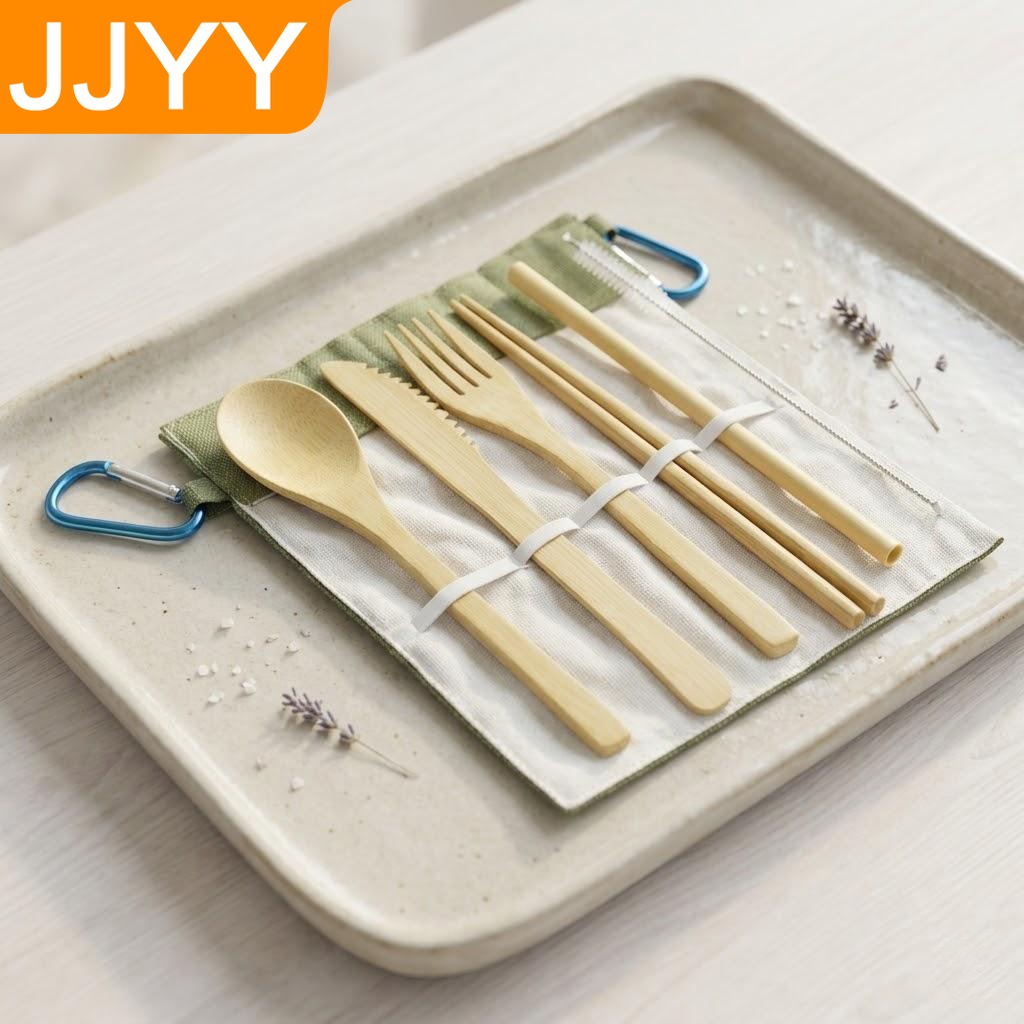 Bamboo Cutlery Travel - Wielorazowy bambusowy zestaw sztućców podróżnych, przenośny
